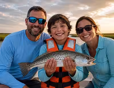 Happy family on a fishing charter they booked in Ocean Isle Beach, NC